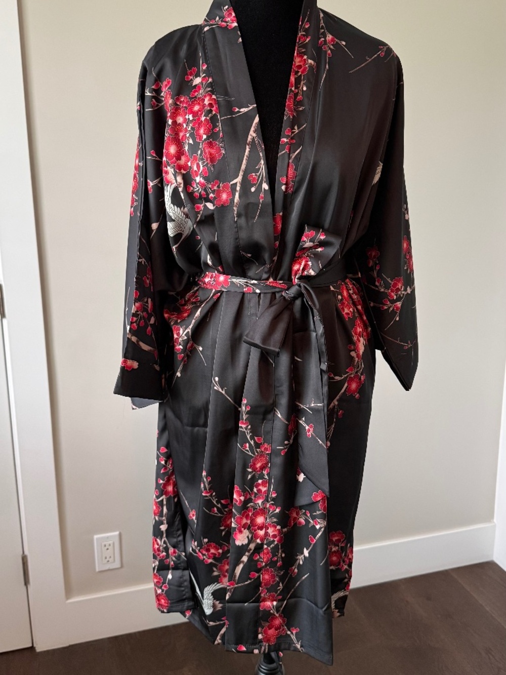 Black Satin Japanese Kimono Robe Red Cherry Blossom Crane Print